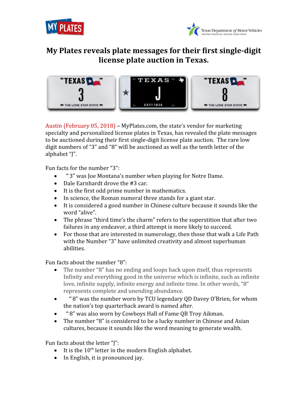 My Plates Reveals Plate Messages for Their First Single-Digit License Plate Auction in Texas