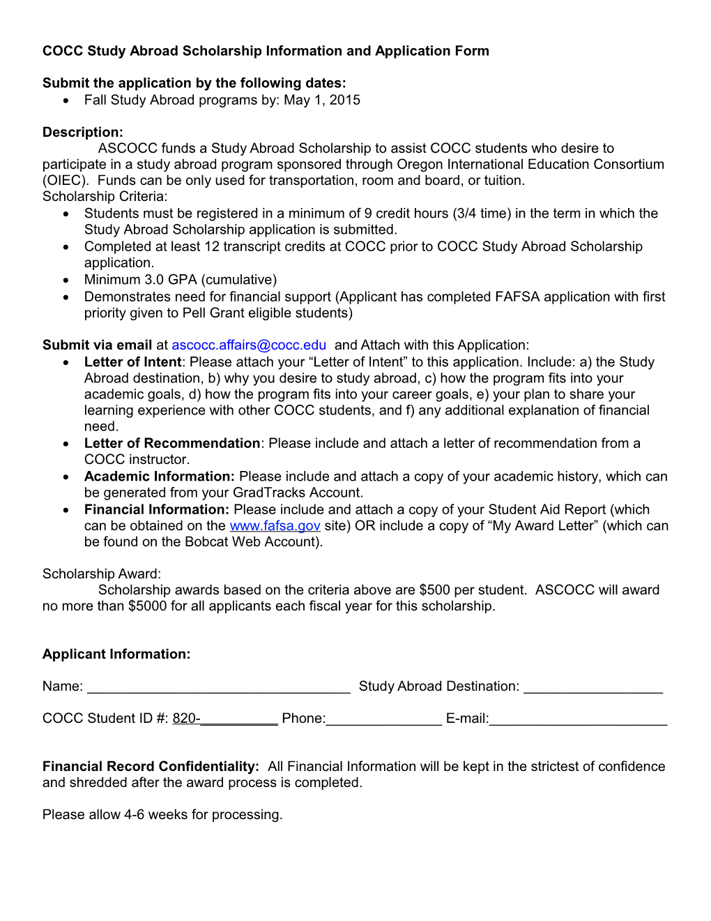 COCC Study Abroad Scholarship Information and Application Form