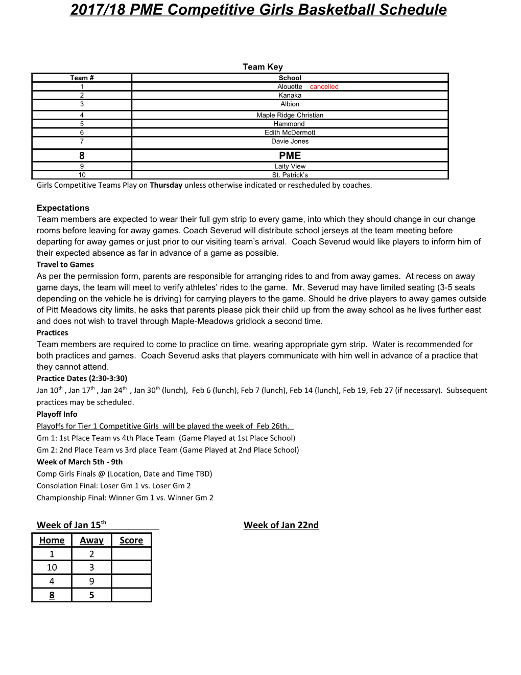 2017/18 PME Competitive Girls Basketball Schedule