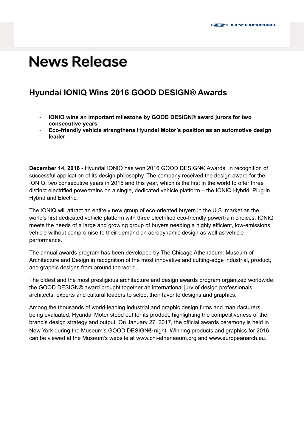 Hyundai IONIQ Wins 2016 GOOD DESIGN Awards