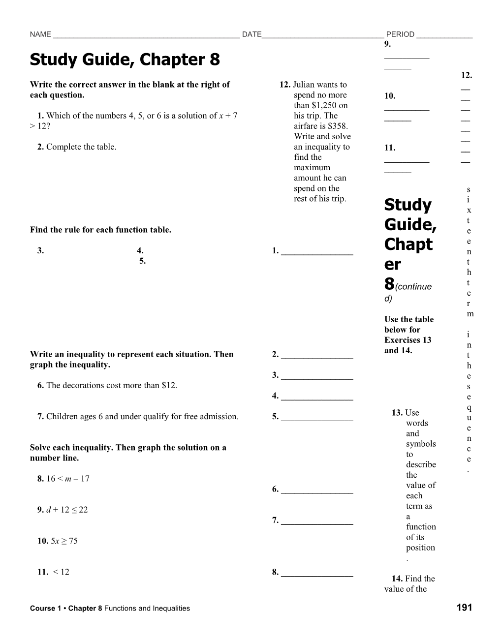 Course 1 Chapter 8 Functions and Inequalities191