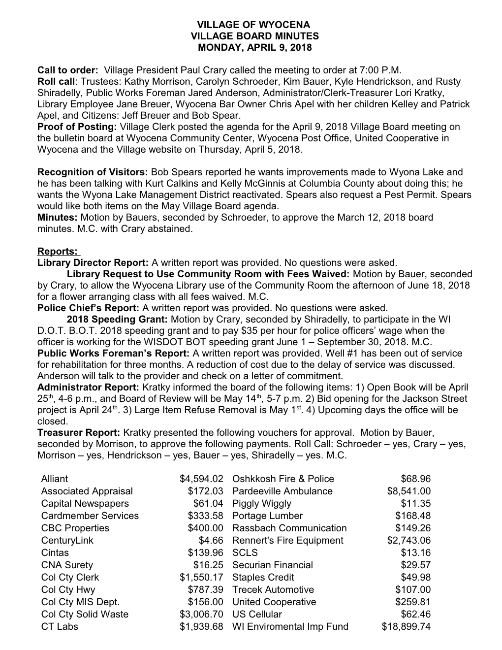 Minutes Fo the January 25, 2010 Village Board Meeting of the Village of Wyocena