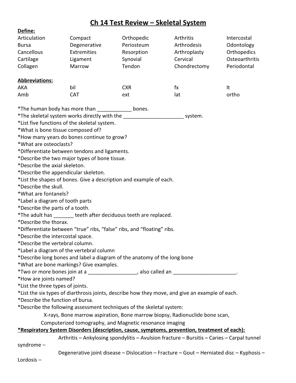 Ch 14 Test Review Skeletal System