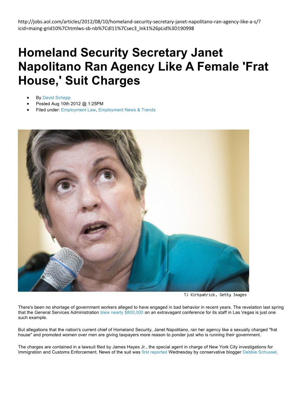 Homeland Security Secretary Janet Napolitano Ran Agency Like a Female 'Frat House,' Suit