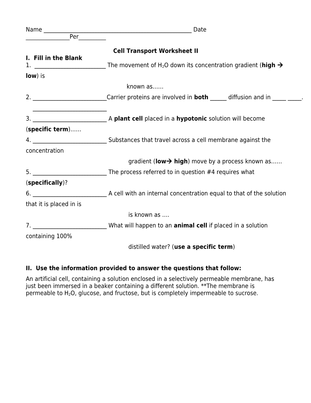 Cell Transport Worksheet II