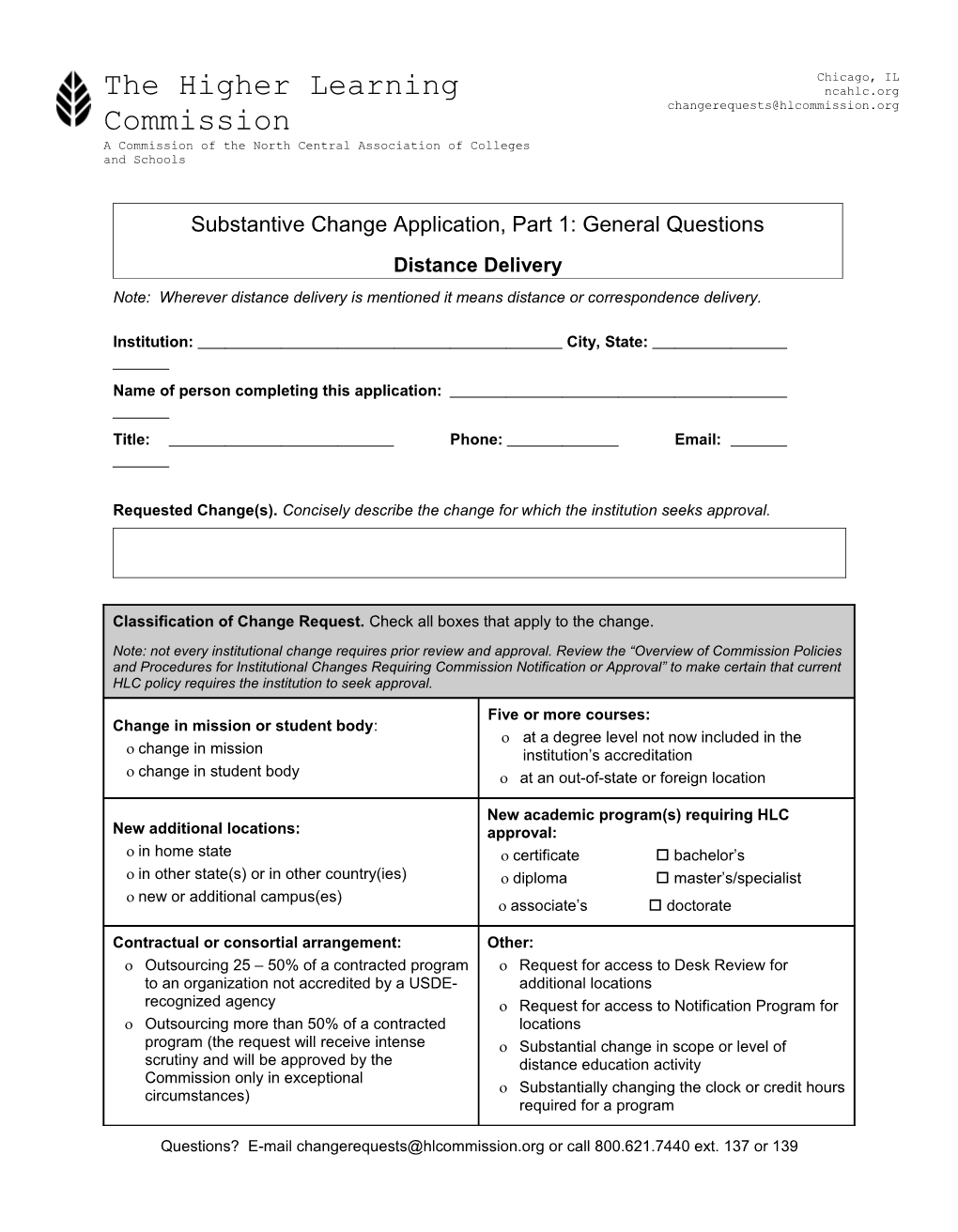 Substantive Change Application: Distance Delivery