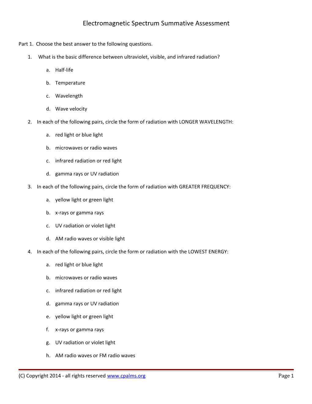 Electromagnetic Spectrum Summative Assessment