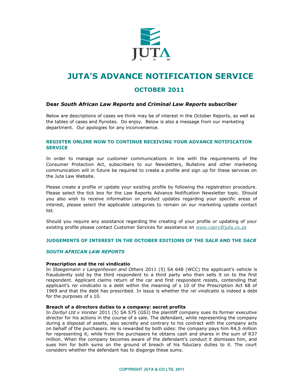 Juta's Advance Notification Service s5