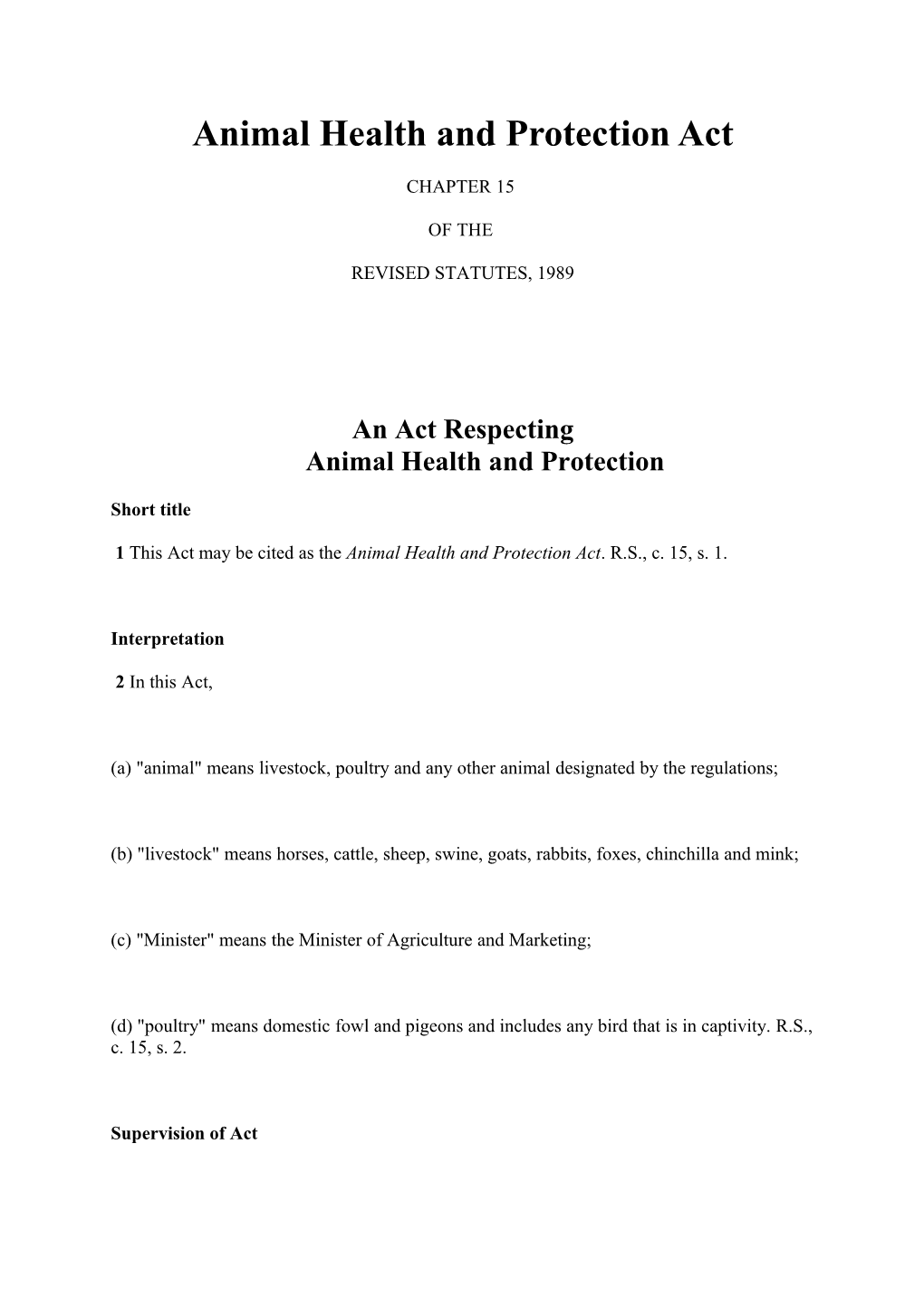 Animal Health and Protection Act