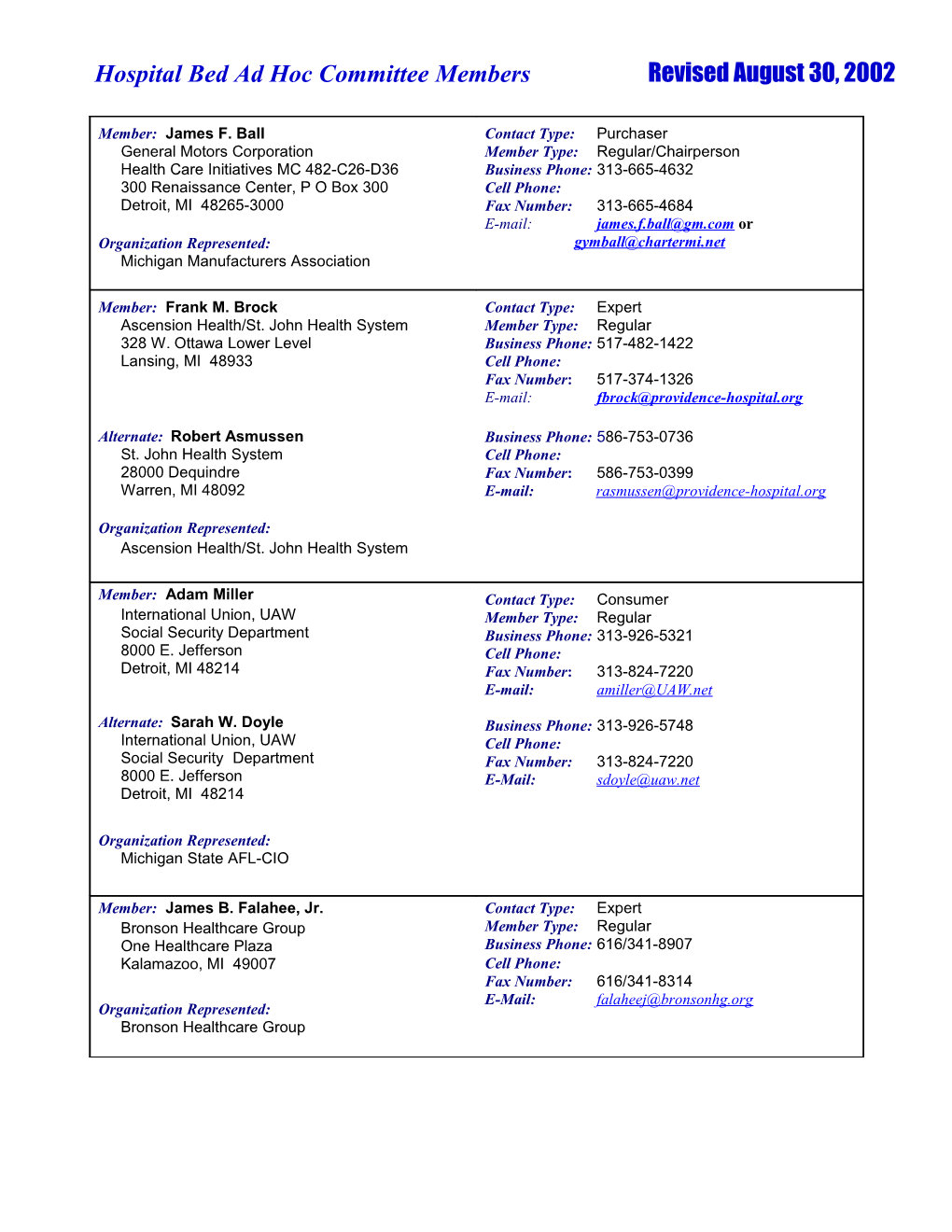 Hospital Bed Ad Hoc Committee Members Revised August 30, 2002