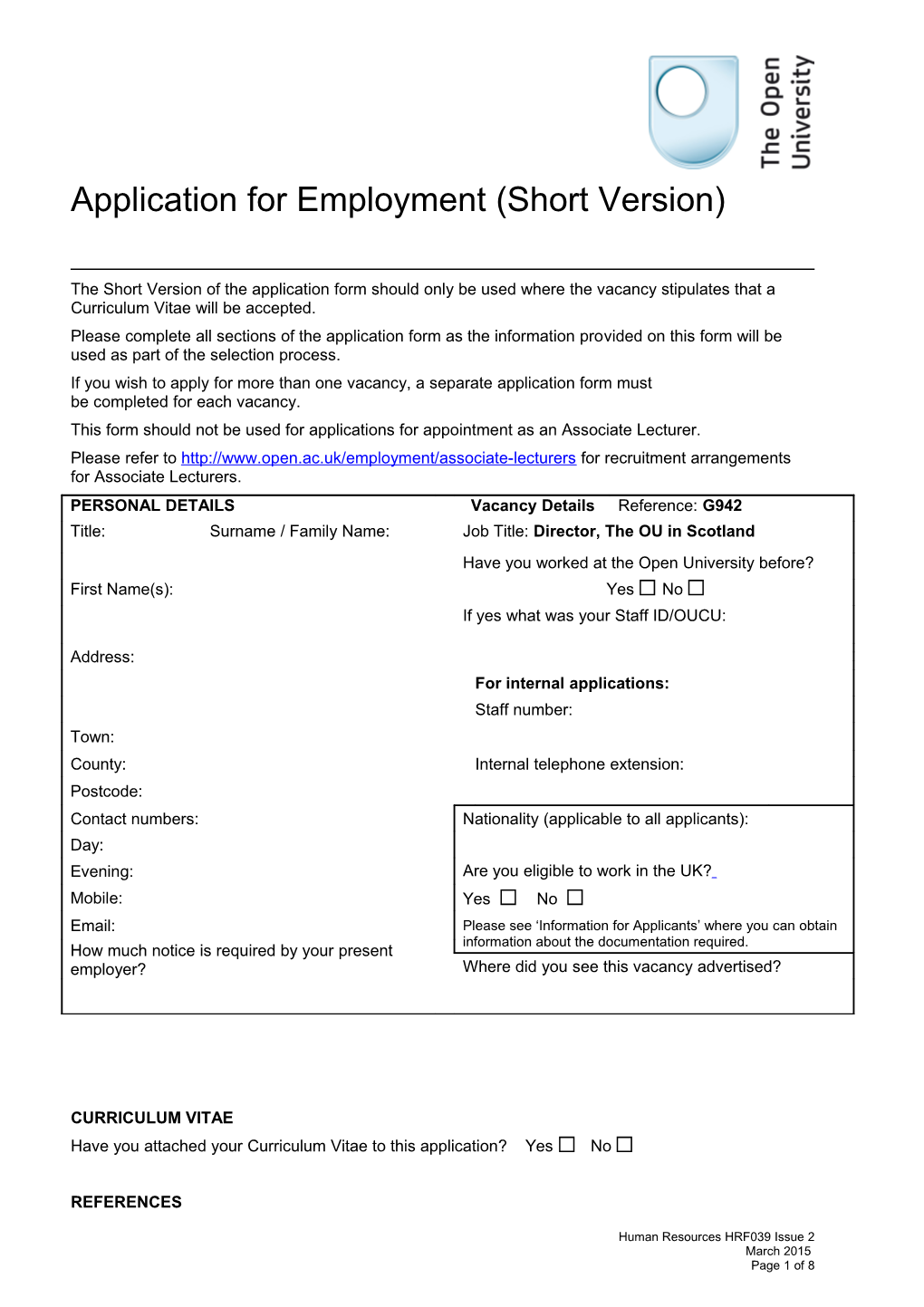 Application for Employment Form Short Version HRF039