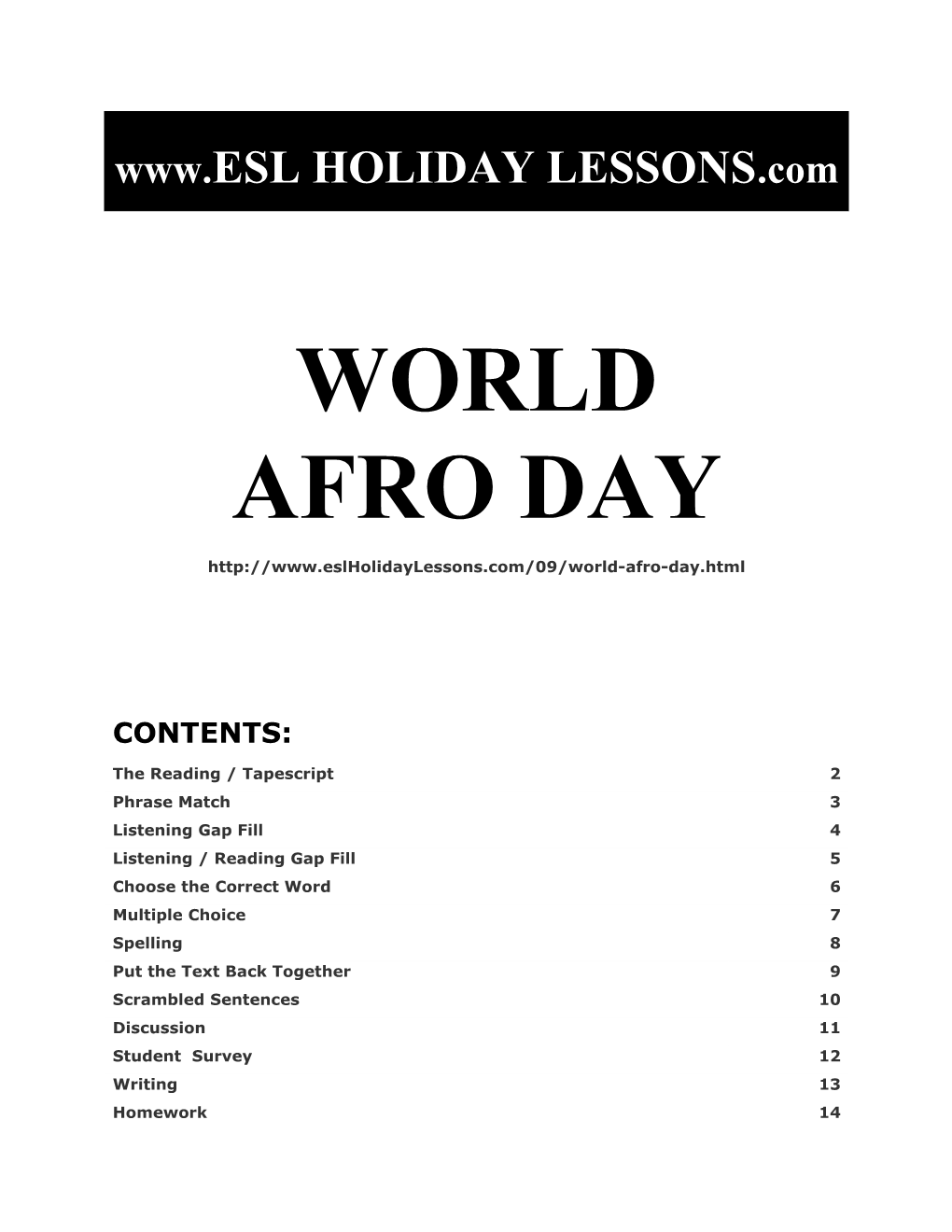 Holiday Lessons - World Afro Day