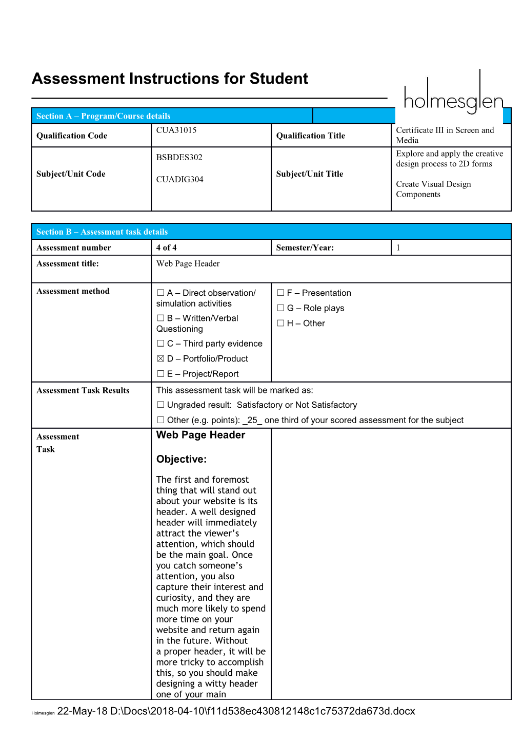 Assessment Instructions for Student