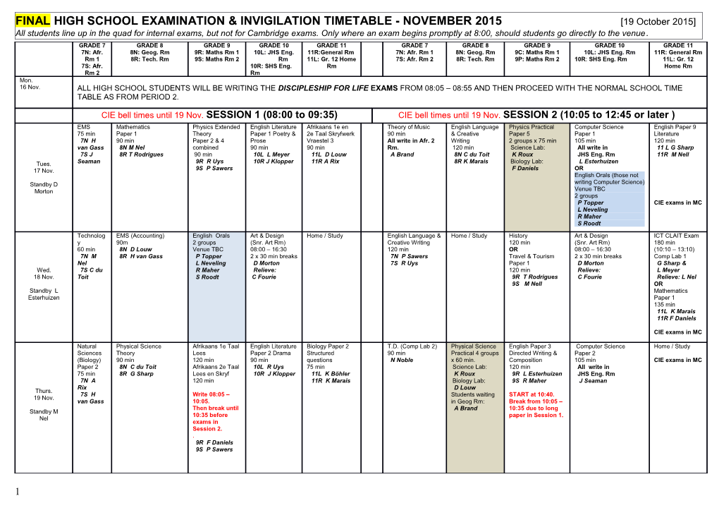 FINAL HIGH SCHOOL EXAMINATION & INVIGILATION TIMETABLE - NOVEMBER 2015 19 October 2015