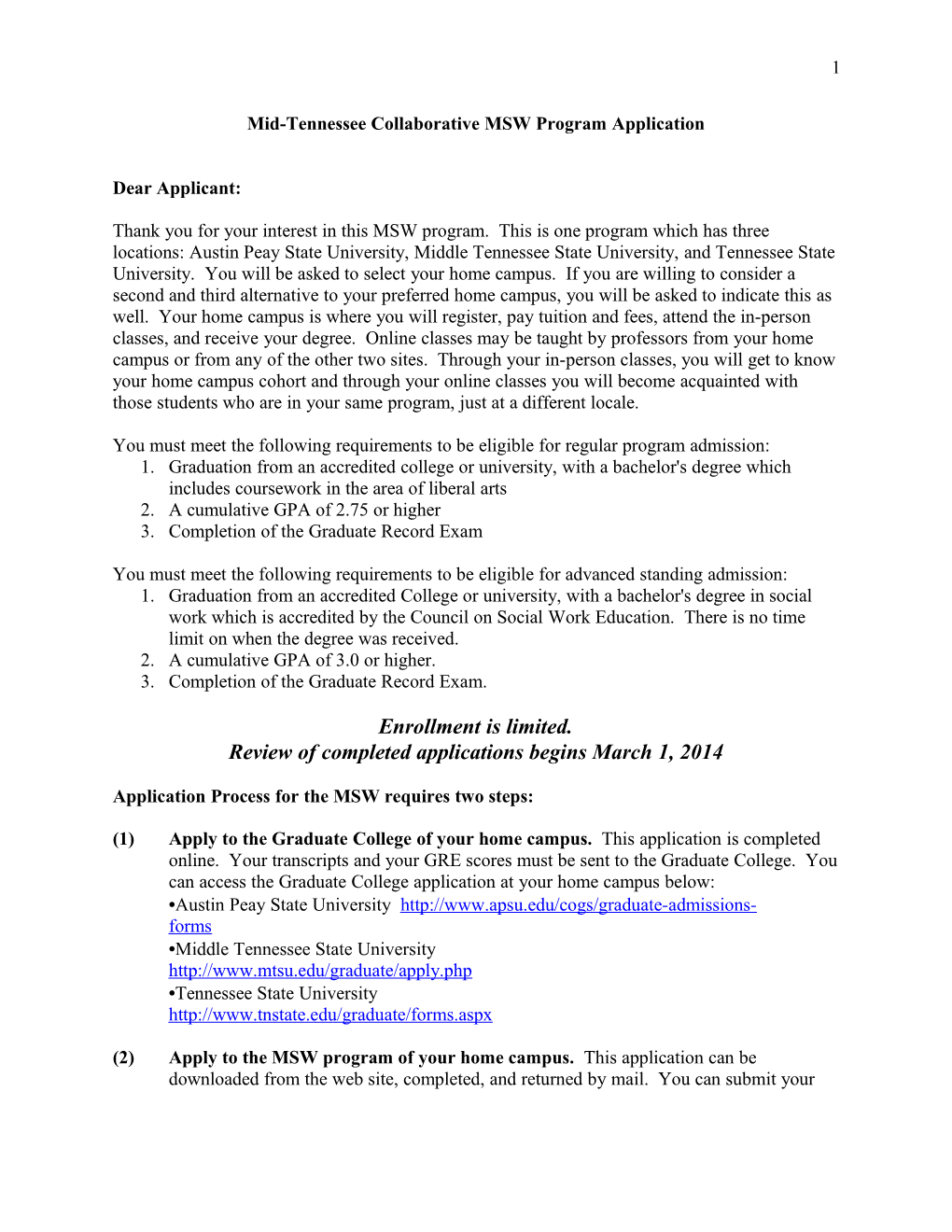 Mid-Tennessee Collaborative MSW Program Application