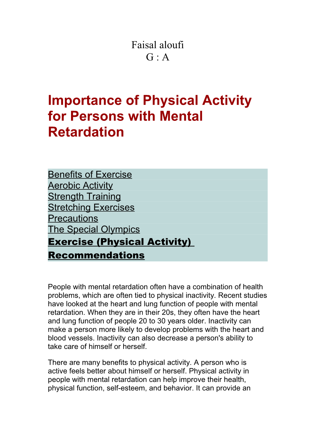 Importance of Physical Activity for Persons with Mental Retardation