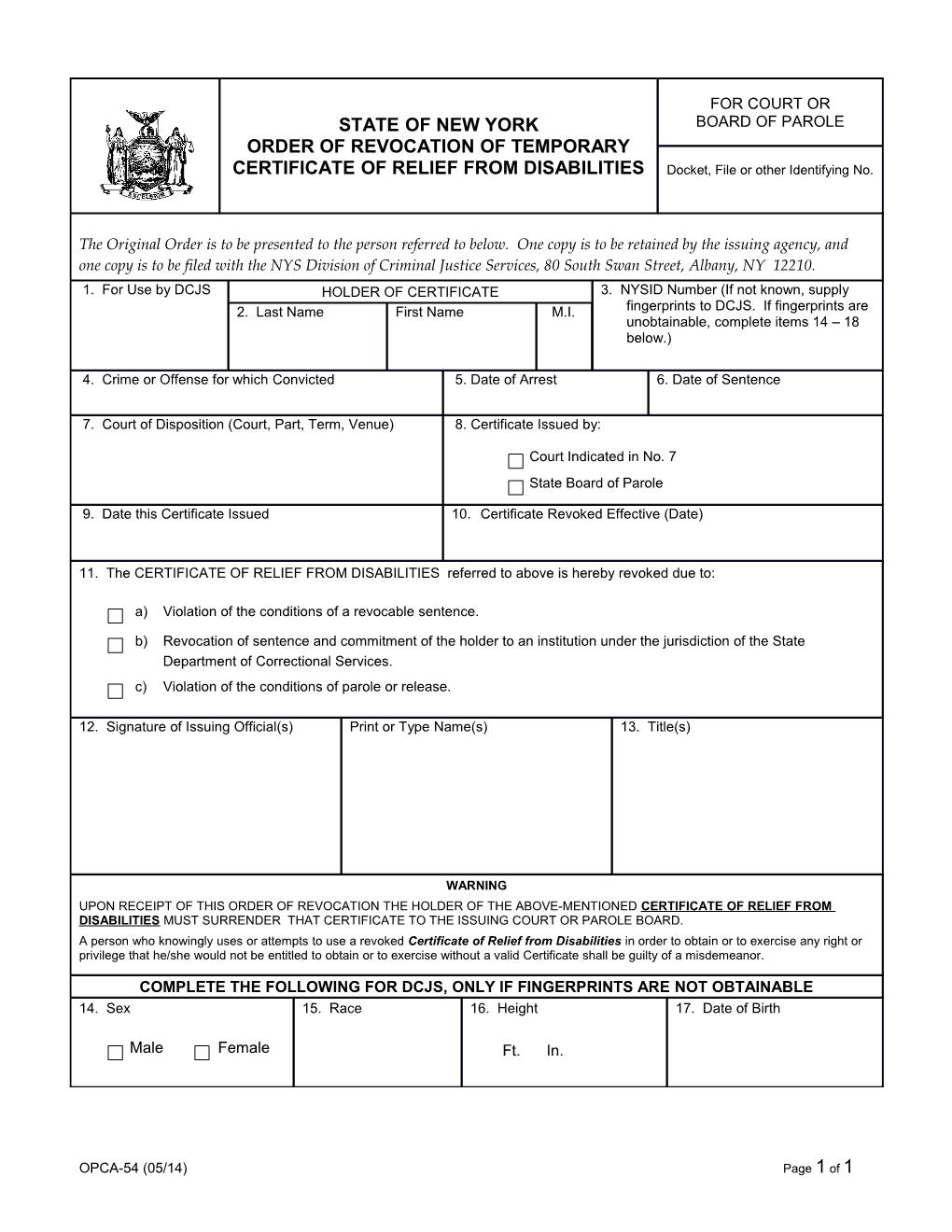State of New York Order of Revocation of Temporary Certificate of Relief from Disabilities