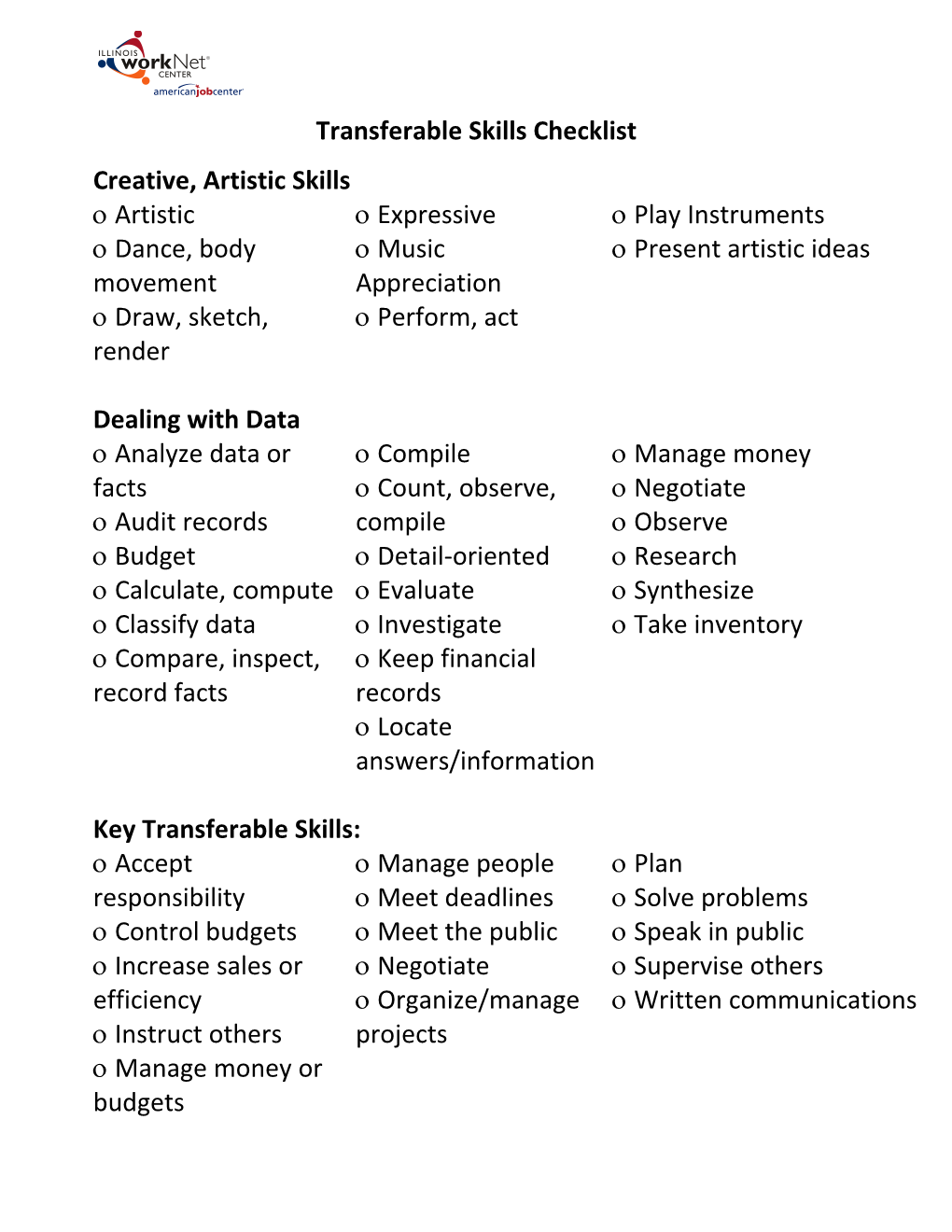 Transferable Skills Checklist - Large Print