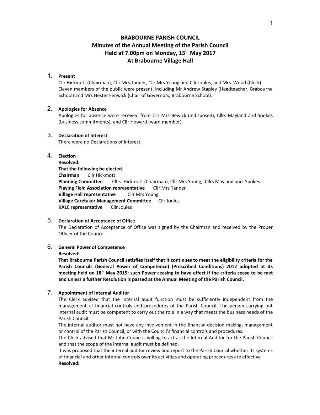 BRABOURNE PARISH COUNCIL Minutes of the Annual Meeting of the Parish Council