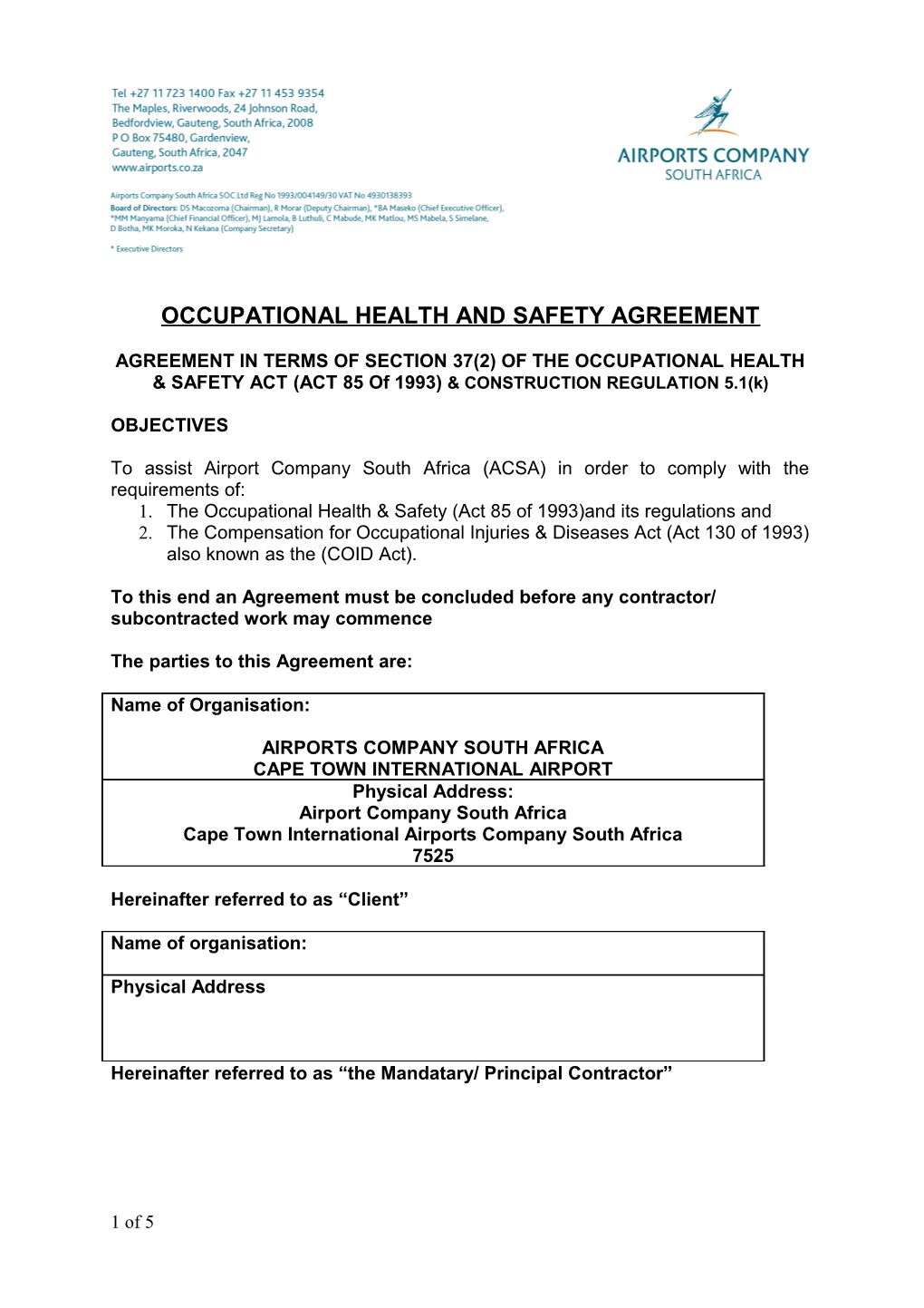 Occupational Health and Safety Agreement