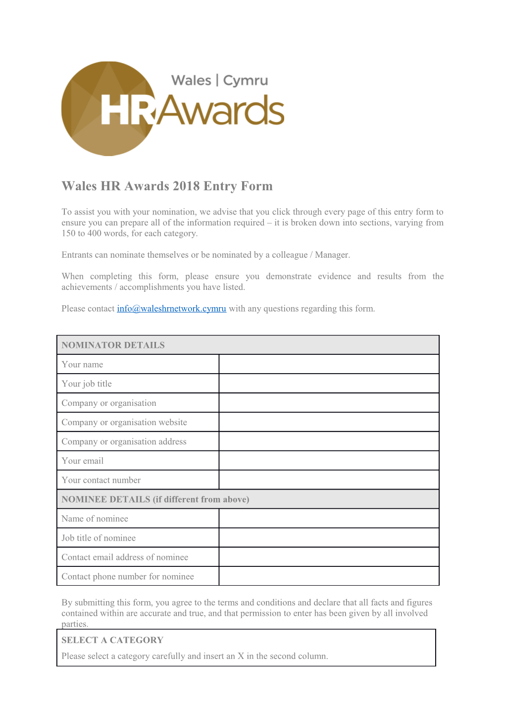 Wales HR Awards 2018 Entry Form