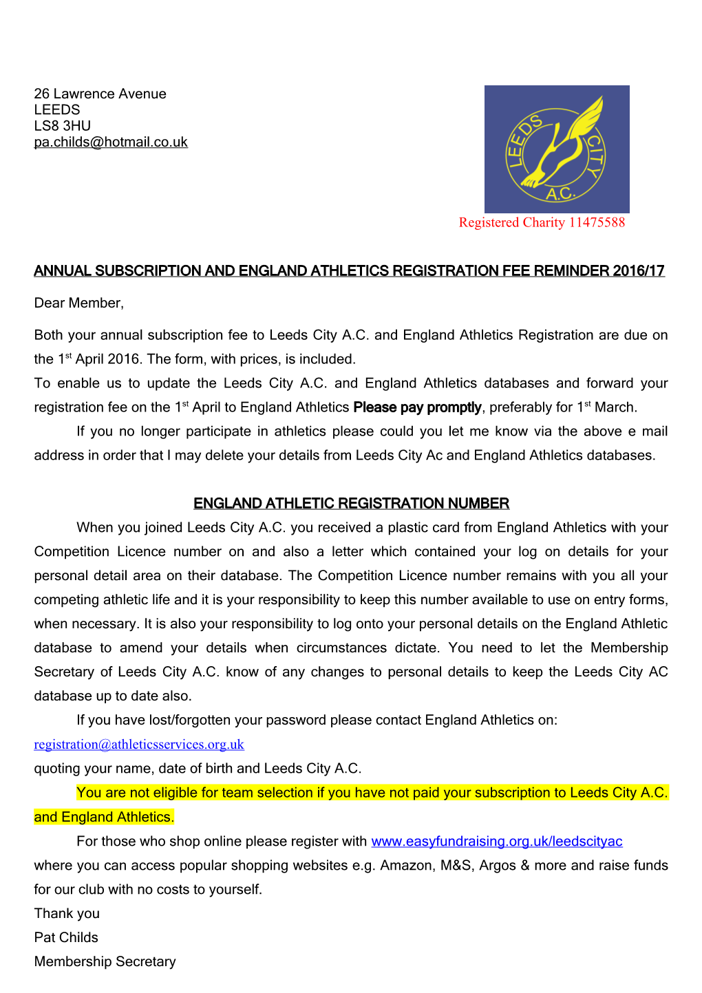 Annual Subscription and England Athletics Registration Fee Reminder 2016/17