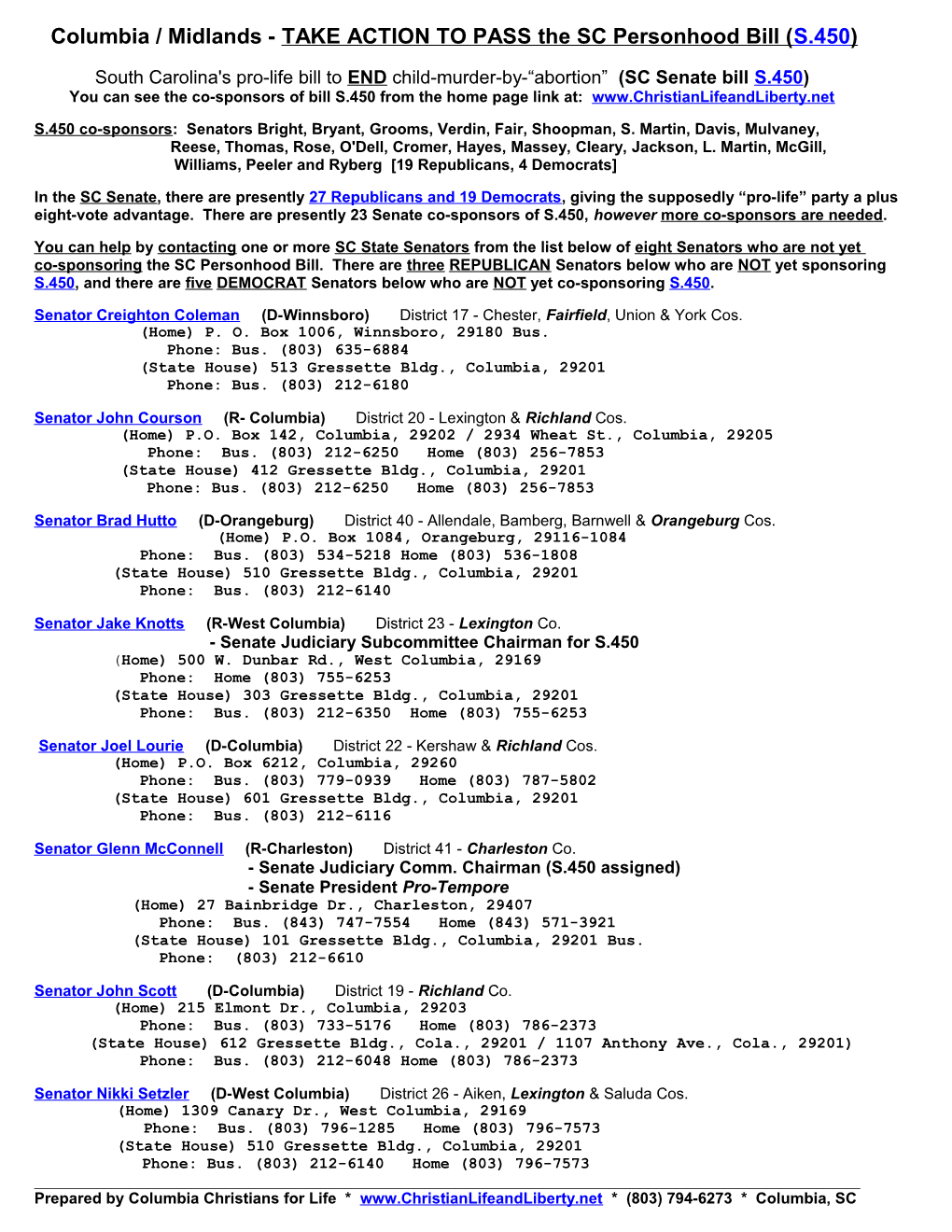 UPDATE on Right to Life Act of South Carolina (H