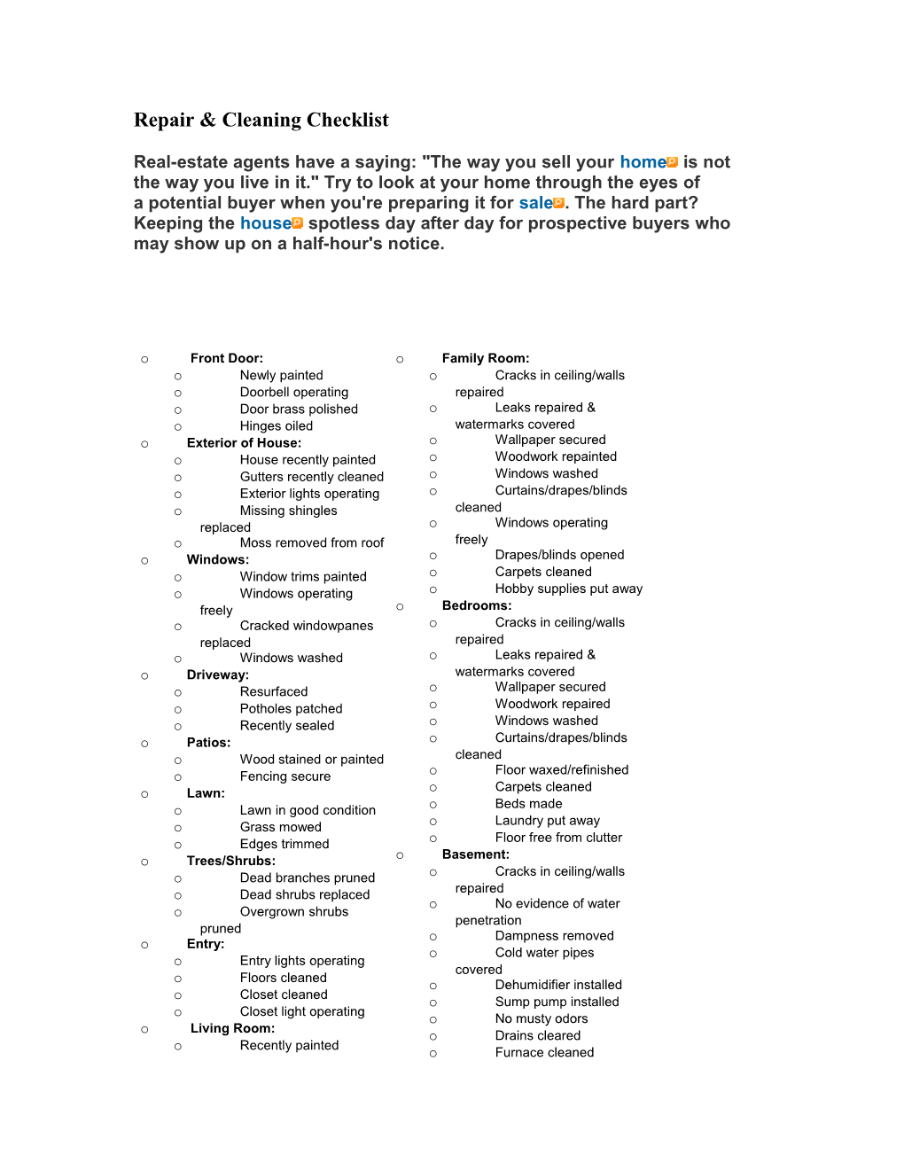 Repair & Cleaning Checklist