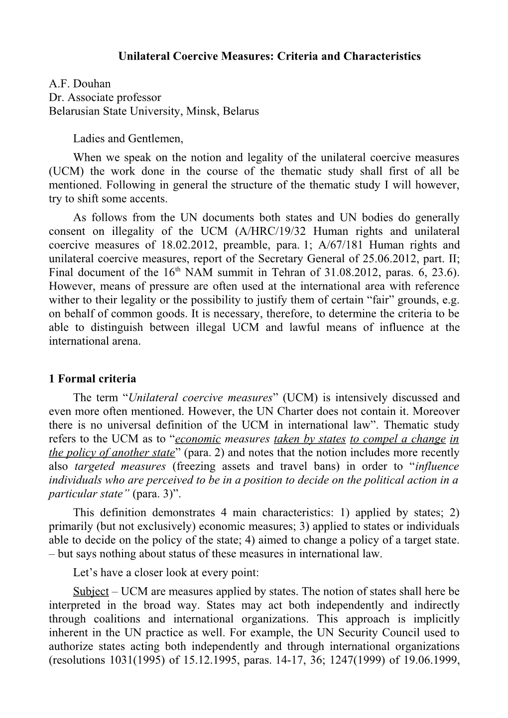 Unilateral Coercive Measures: Criteria and Characteristics