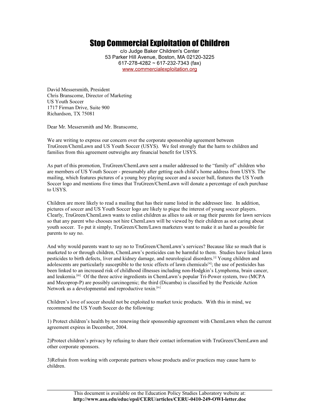 Related Letter: Child and Environmental Advocates Urge US Youth Soccer to Give Trugreen/Chemlawn