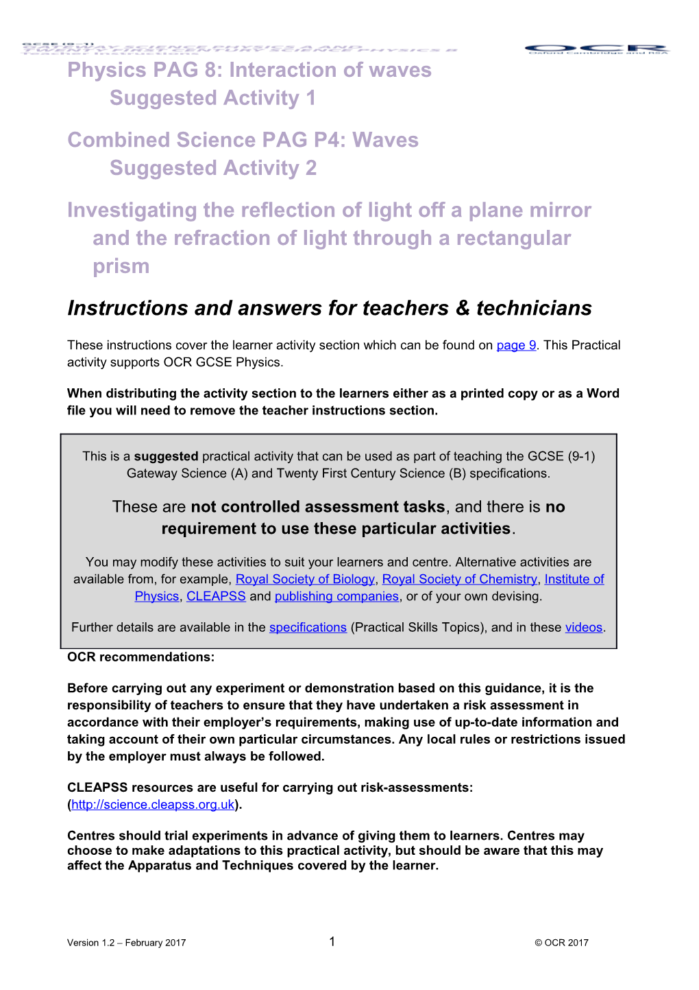 OCR GCSE Twenty First Century Science Physics a and B PAG 8: Interaction of Waves