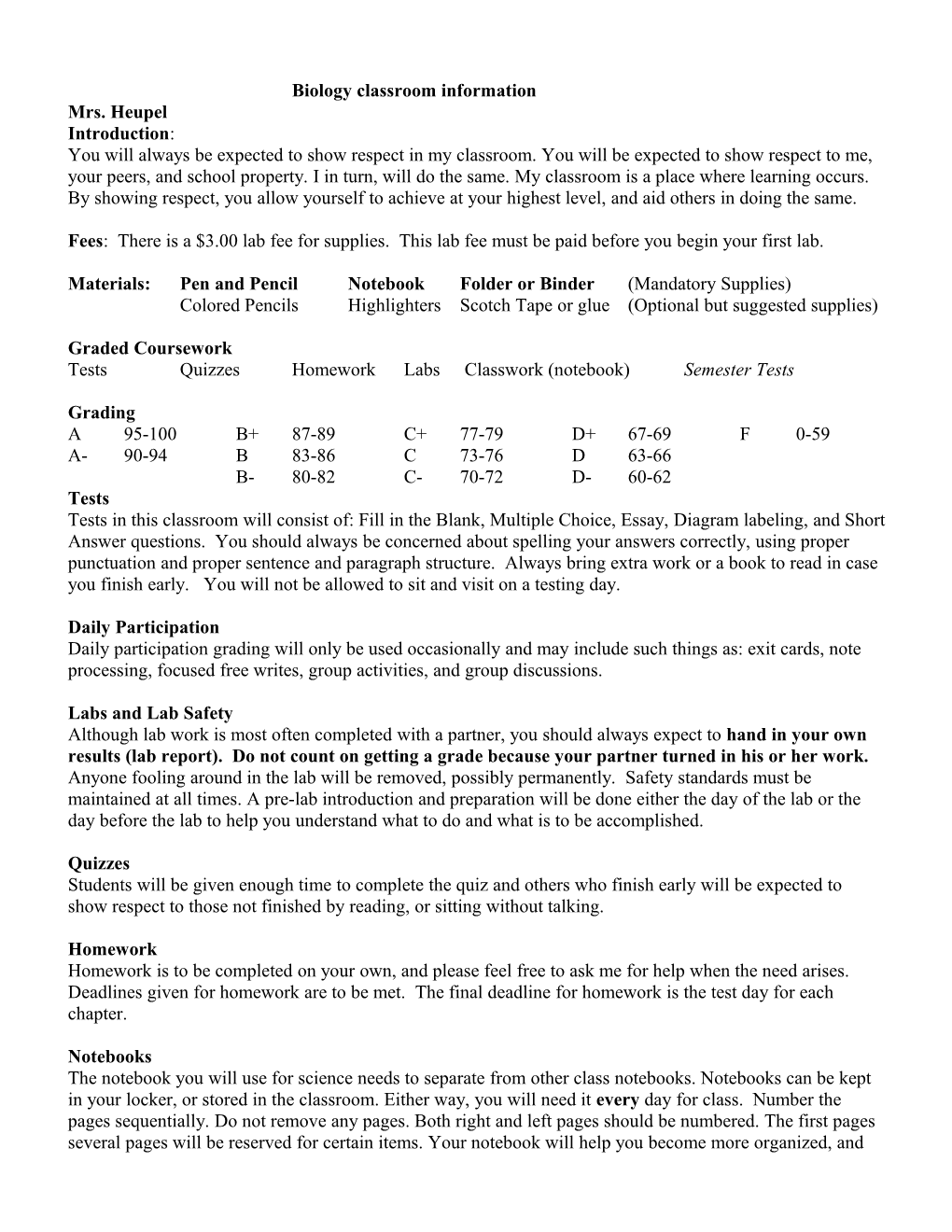 Biology Classroom Information