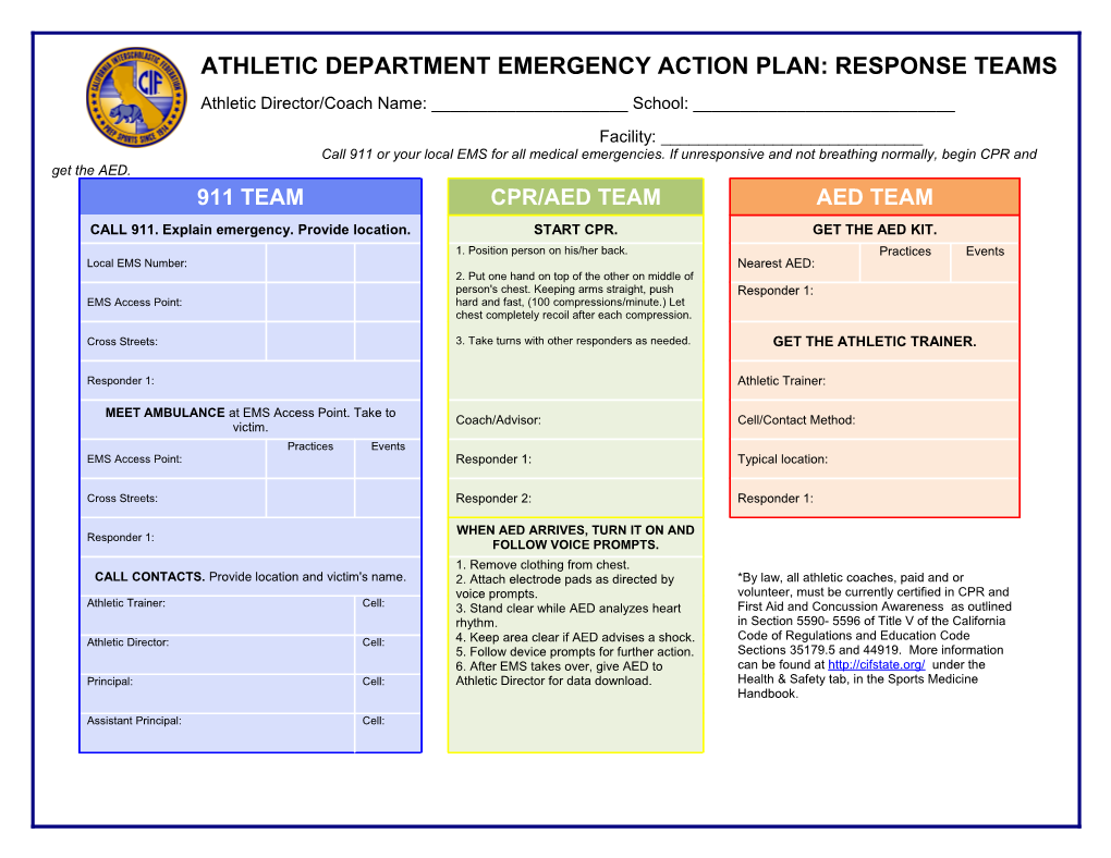 Athletic Department Emergency Action Plan: Response Teams