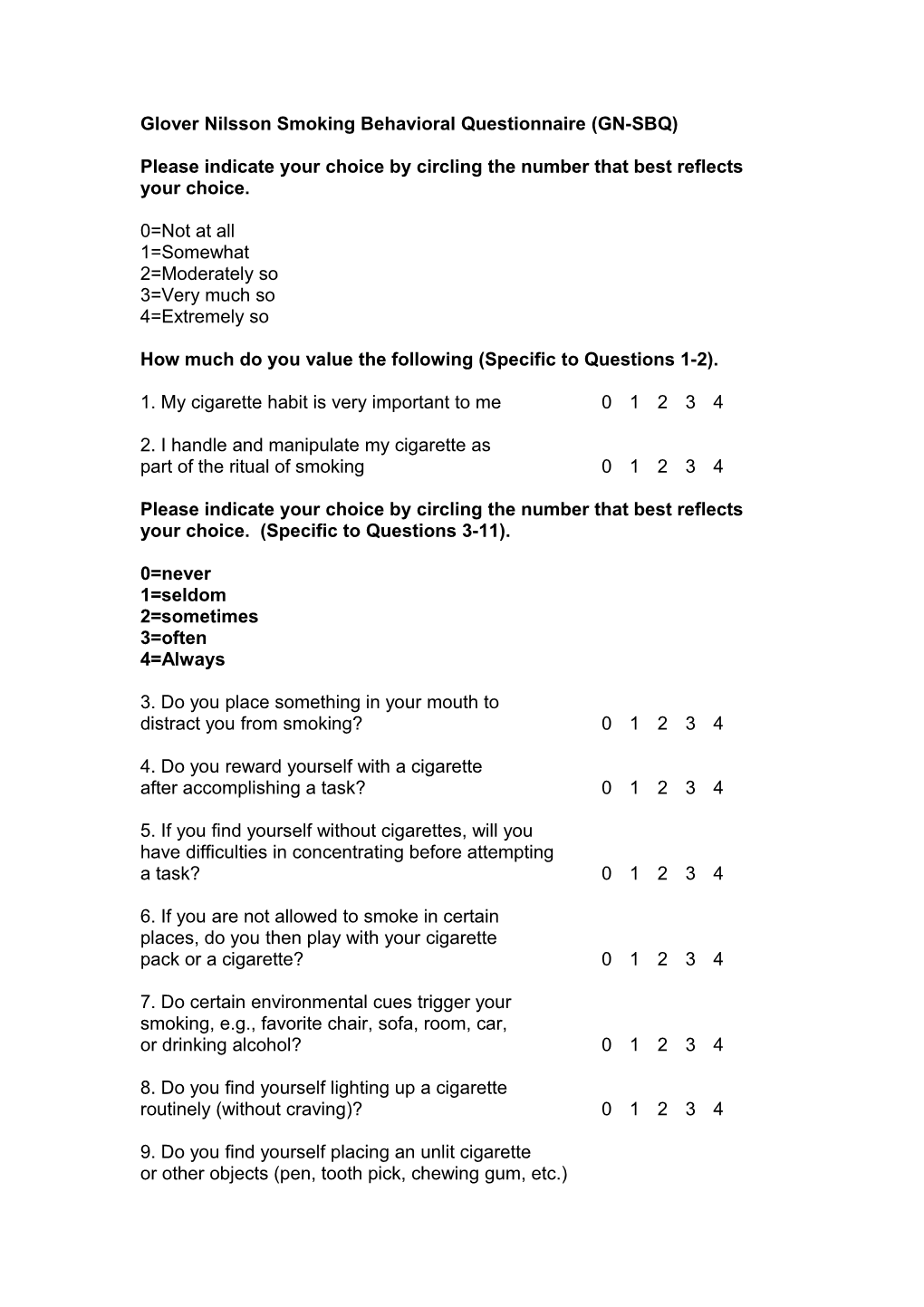 Glover Nilsson Smoking Behavioral Questionnaire (GN-SBQ)