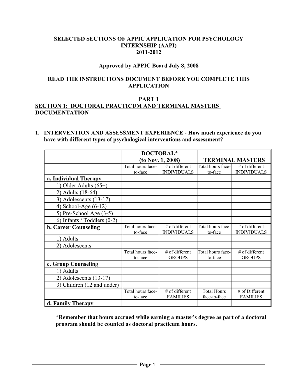 Selected Sections of Appic Application for Psychology Internship (Aapi)