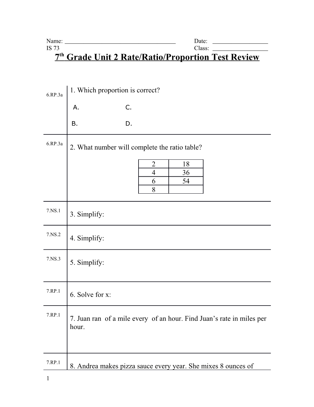 7Th Grade Unit 2 Rate/Ratio/Proportion Test Review