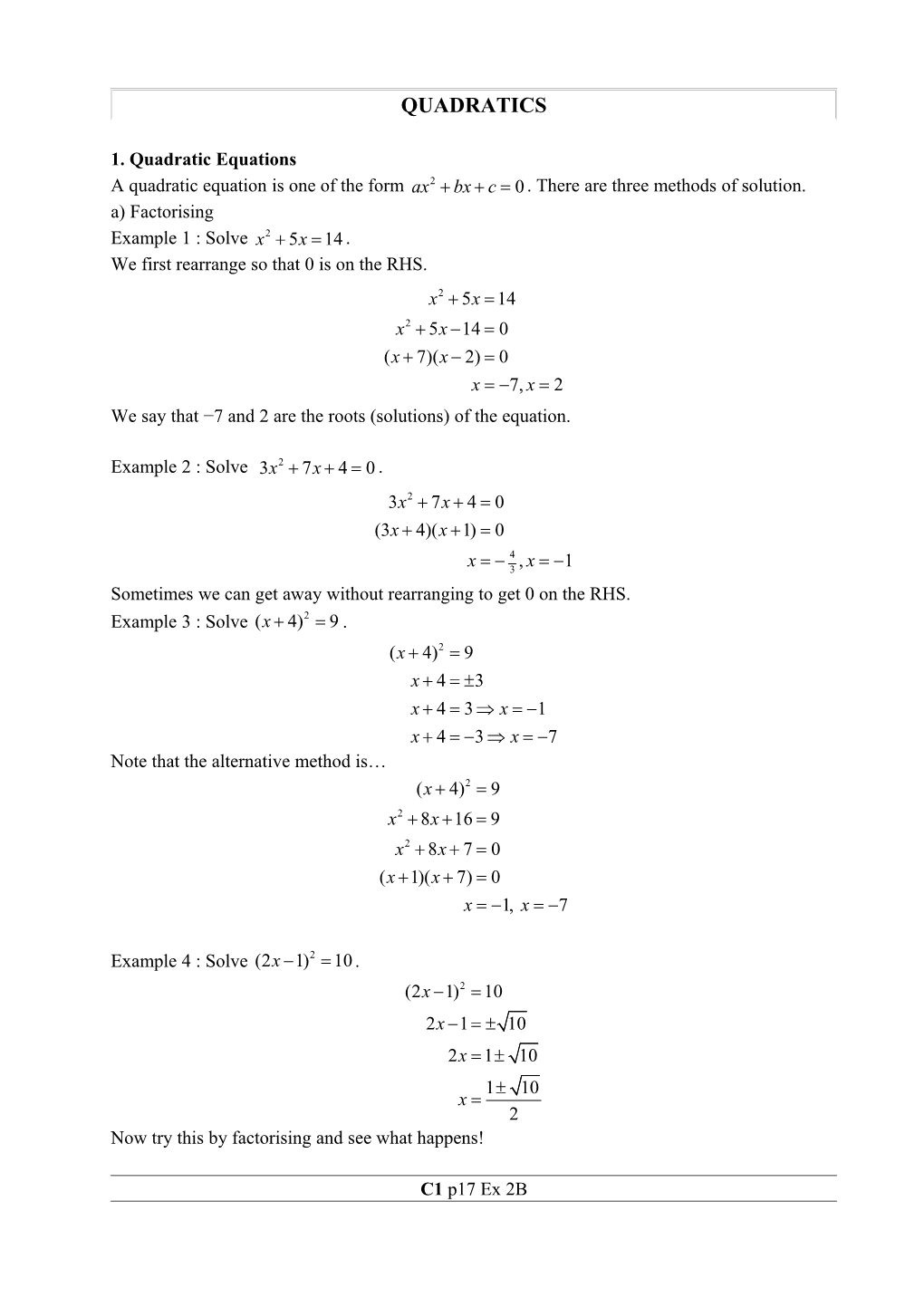 1. Quadratic Equations