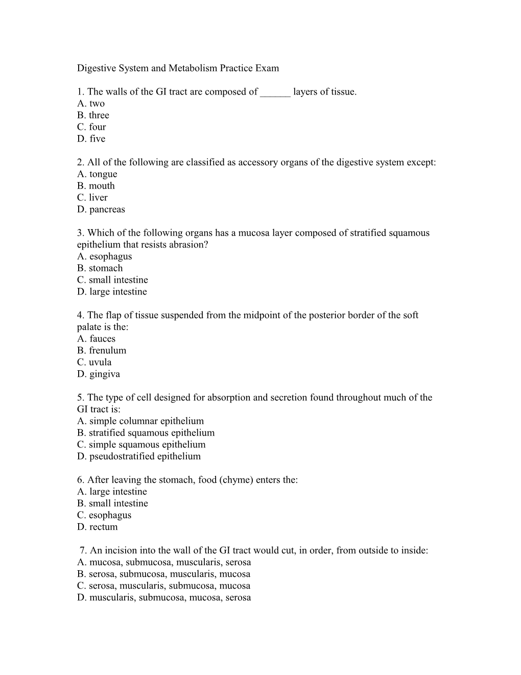 Digestive System and Metabolism Practice Exam