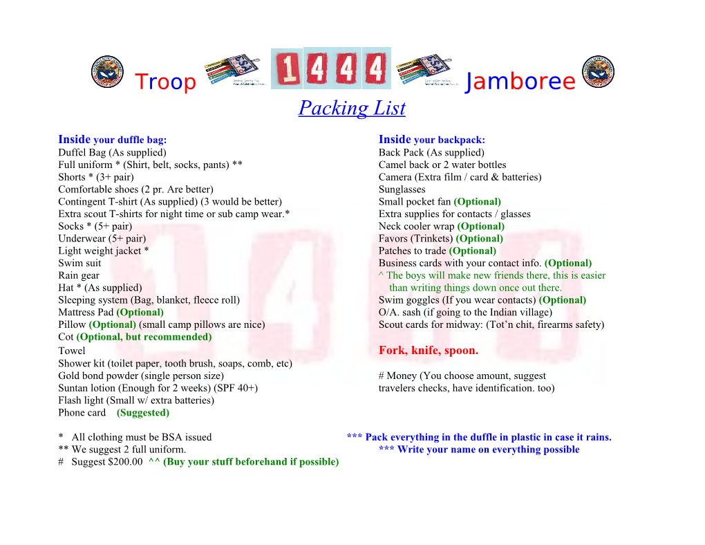 Troop 1444 2010 Jamboree Packing List