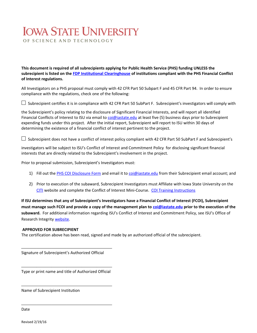 This Document Is Required of All Subrecipients Applying for Public Health Service (PHS)