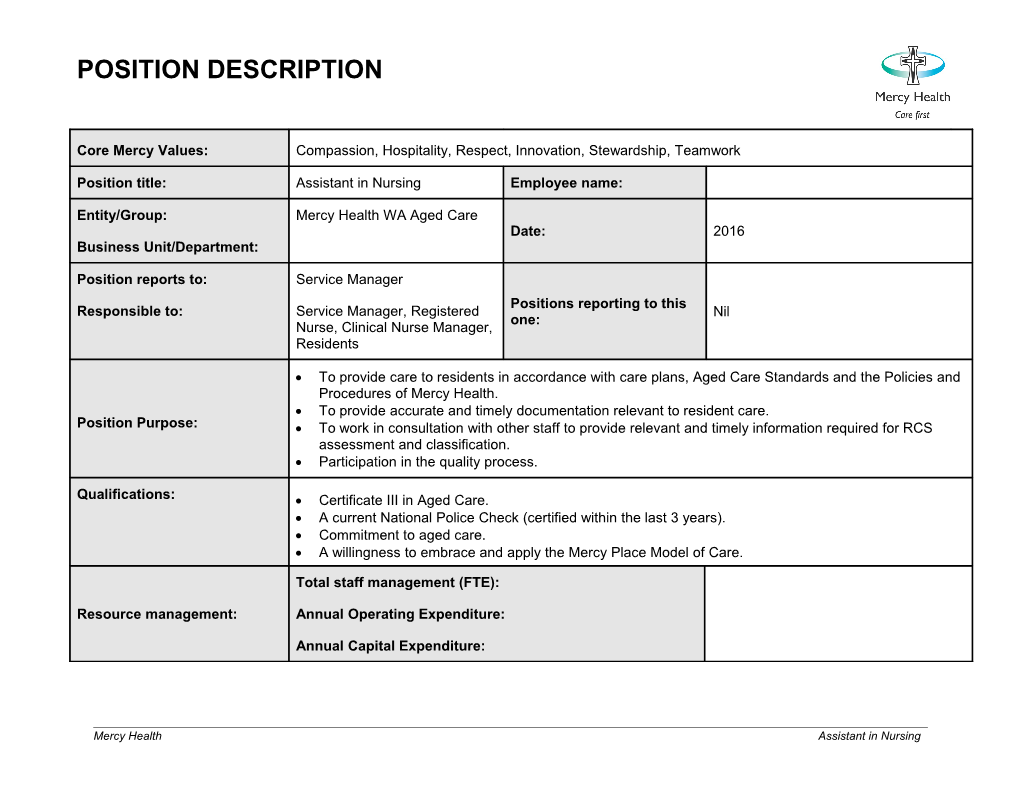 Personal Care Worker Position Description