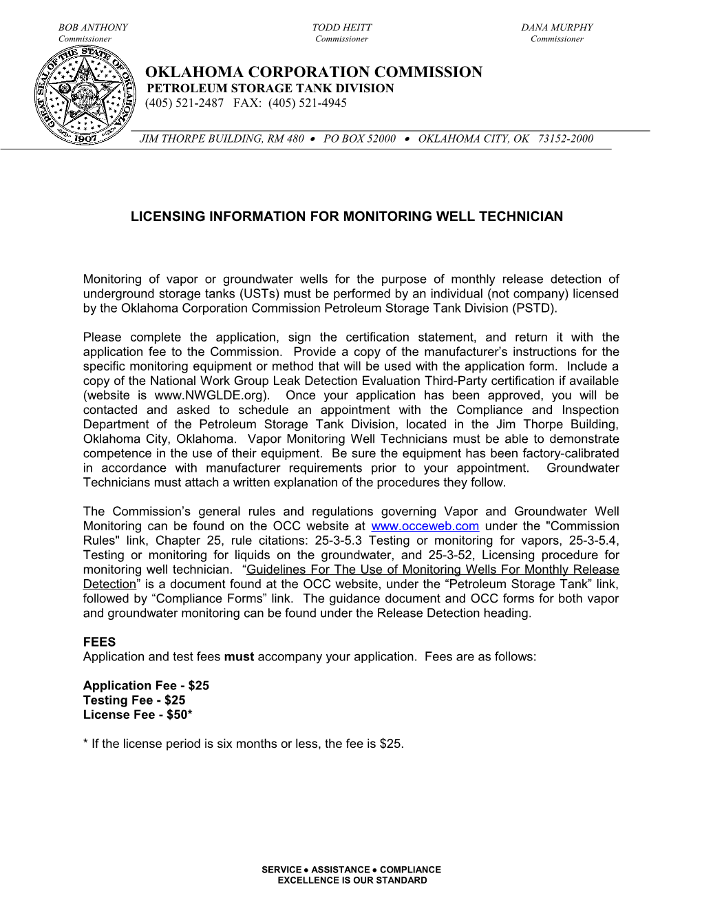 Licensing Information For Monitoring Well Technician