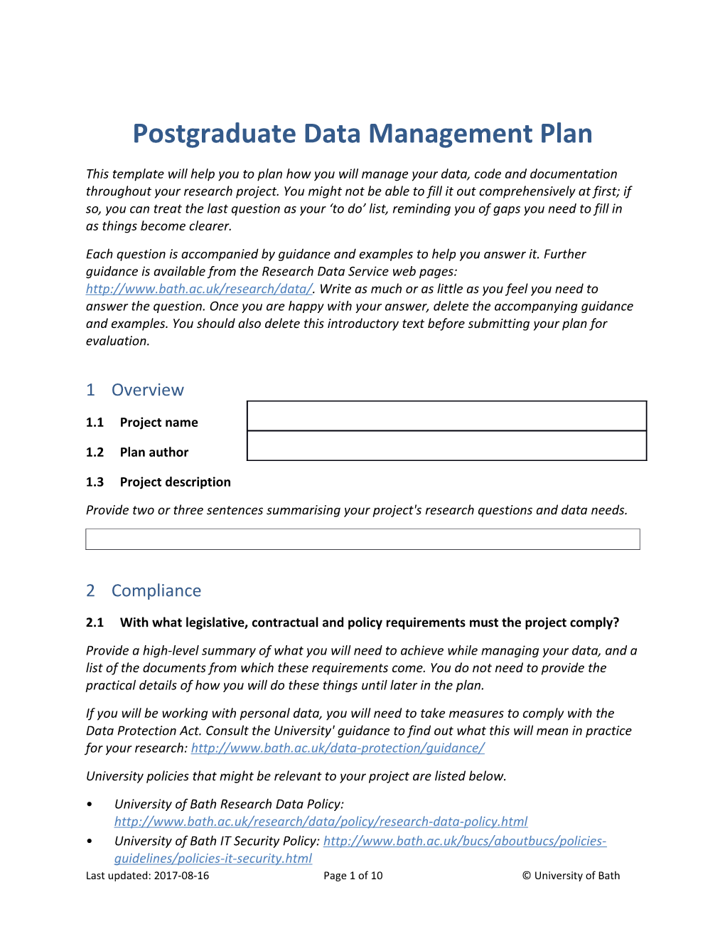 Postgraduate Data Management Plan