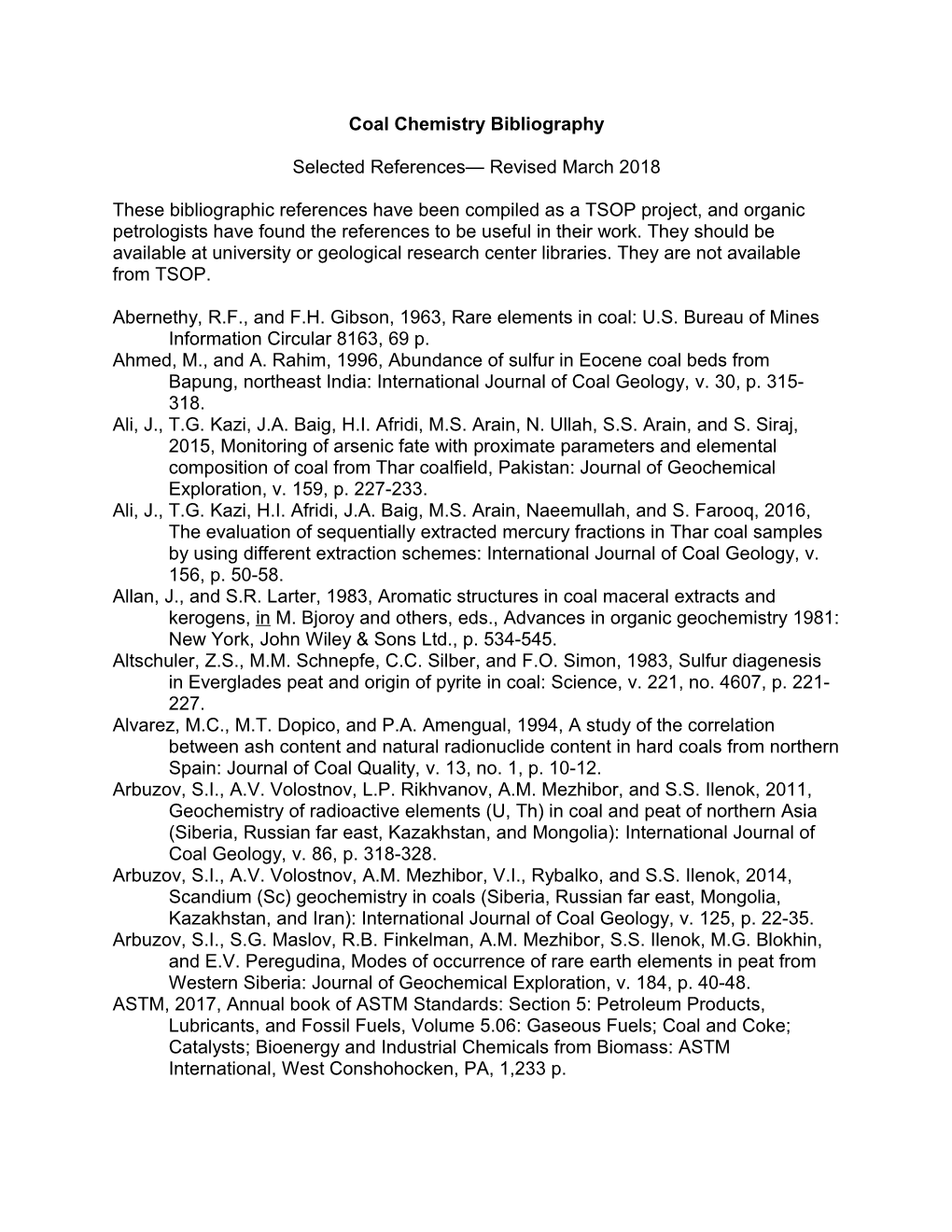 Coal Chemistry Selected References