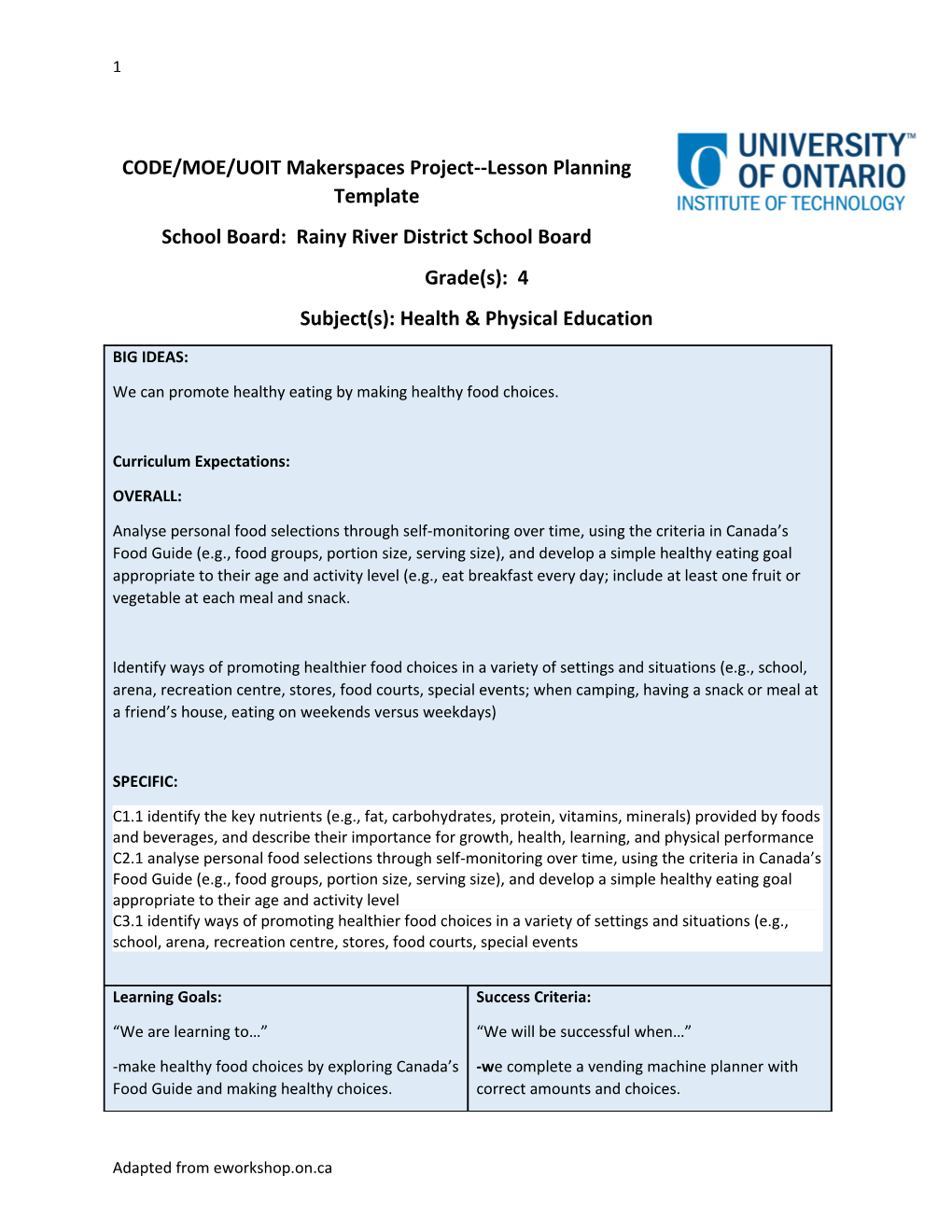 CODE/MOE/UOIT Makerspaces Project Lesson Planning Template