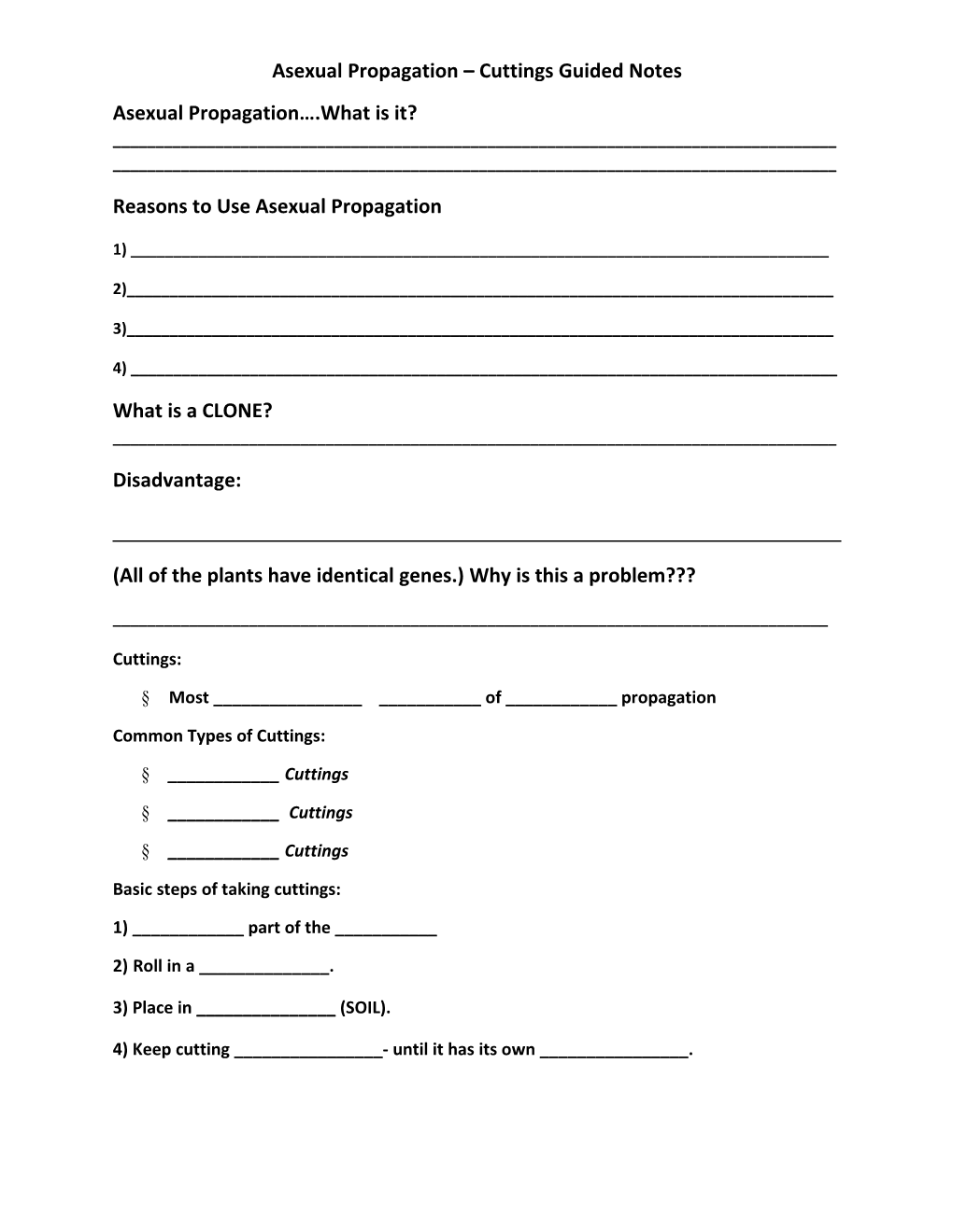 Asexual Propagation Cuttings Guided Notes