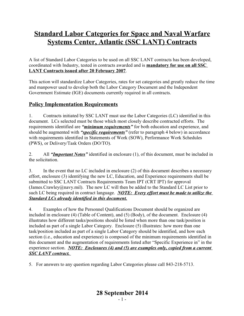 Standard Labor Categories for Space and Naval Warfare Systems Center, Atlantic (SSC LANT)