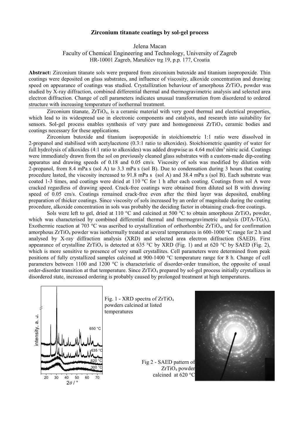 Zirconium Titanate Coatings by Sol-Gel Process