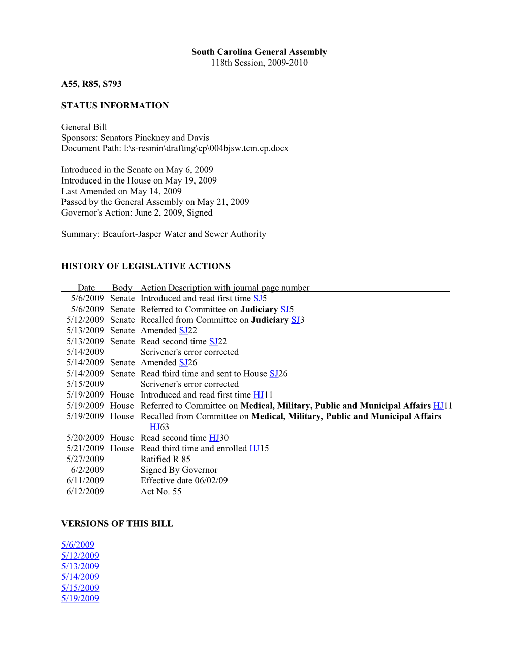 2009-2010 Bill 793: Beaufort-Jasper Water and Sewer Authority - South Carolina Legislature