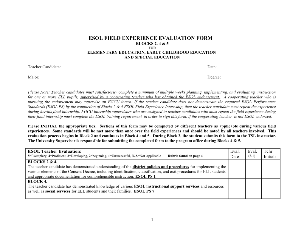 ESOL Field Experience Evaluation Form